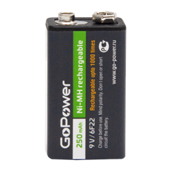 Аккумулятор бытовой GoPower Крона 6F22 BL1 NI-MH 9V 250mAh (1/25/100) 00-00017020 - фото 168232