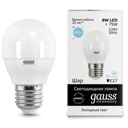 Лампа Gauss Elementary Шар 8W 540lm 4100K Е27 LED 1/10/100 53228 - фото 17243