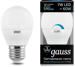 Лампа Gauss Шар 7W 590lm 4100К Е27 диммируемая LED 1/10/100 105102207-D - фото 17488