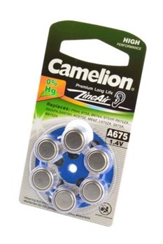 Батарейки для слуховых аппаратов Camelion Zinc-Air A675-BP6(0% Hg) BL6 14728Б - фото 19694
