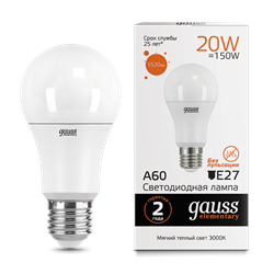 Лампа Gauss Elementary A60 20W 1520lm 3000K E27 LED 1/10/50 23219 - фото 26522