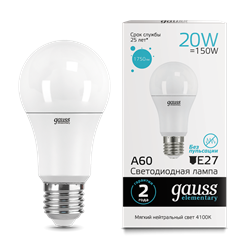 Лампа Gauss Elementary A60 20W 1600lm 4100K E27 LED 1/10/50 23229 - фото 26530
