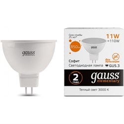Лампа Gauss Elementary MR16 11W 850lm 3000K GU5.3 LED 1/10/100 13511 - фото 34339