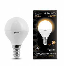 Лампа Gauss Шар 6.5W 520lm 3000K E14 LED 1/10/100 105101107 - фото 38262