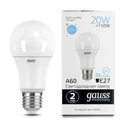 Лампа Gauss Elementary A60 20W 1750lm 6500K E27 LED 1/10/50 23239-1 - фото 40994