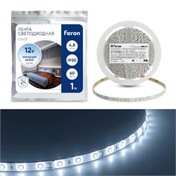 Лента светодиодная 12V FERON LS603, 60*SMD2835, 4,8W/m, IP20, 6500К (дневной), кратность резки 50мм, 27744 - фото 78627