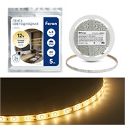 Лента светодиодная 12V FERON LS604, 60*SMD2835, 4,8W/m, IP65, 3000К (теплый белый), в комплекте конн 27640