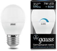 Лампа Gauss Шар 7W 590lm 4100К Е27 диммируемая LED 1/10/100 105102207-D