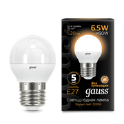 Лампа Gauss Шар 6.5W 520lm 3000K E27 LED 1/10/100 105102107