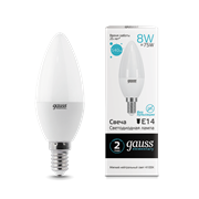 Лампа Gauss Elementary Свеча 8W 540lm 4100K Е14 LED 1/10/100 33128