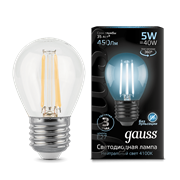 Лампа Gauss Filament Шар 5W 450lm 4100К Е27 диммируемая LED 1/10/50 105802205-D