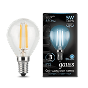 Лампа Gauss Filament Шар 5W 450lm 4100К Е14 LED 1/10/50 105801205