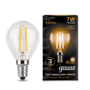 Лампа Gauss Filament Шар 7W 550lm 2700К Е14 LED 1/10/50 105801107