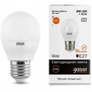 Лампа Gauss Elementary Шар 6W 420lm 3000K Е27 LED 1/10/100 53216