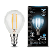 Лампа Gauss Filament Шар 9W 710lm 4100К Е14 LED 1/10/50 105801209