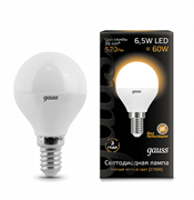 Лампа Gauss Шар 6.5W 520lm 3000K E14 LED 1/10/100 105101107
