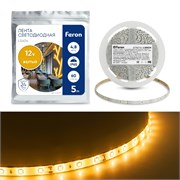Лента светодиодная 12V FERON LS604, 60*SMD2835, 4,8W/m, IP65, (желтый), в комплекте коннектор типа " 27674