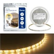 Лента светодиодная 12V FERON LS603, 60*SMD2835, 4,8W/m, IP20, 3000К (теплый белый), кратность резки 27597