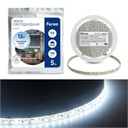 Лента светодиодная 12V FERON LS613, 120*SMD2835, 9,6W/m, IP65, 6500К (дневной), кратность резки 25 м 27731
